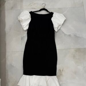 Elegant Black and White Puff Sleeve Dress